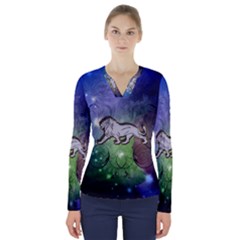 Wonderful Lion Silhouette On Dark Colorful Background V-neck Long Sleeve Top