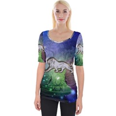 Wonderful Lion Silhouette On Dark Colorful Background Wide Neckline Tee