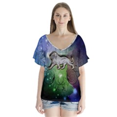 Wonderful Lion Silhouette On Dark Colorful Background V-neck Flutter Sleeve Top by FantasyWorld7