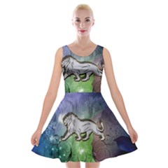 Wonderful Lion Silhouette On Dark Colorful Background Velvet Skater Dress by FantasyWorld7