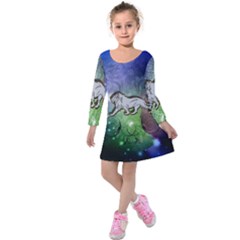 Wonderful Lion Silhouette On Dark Colorful Background Kids  Long Sleeve Velvet Dress by FantasyWorld7