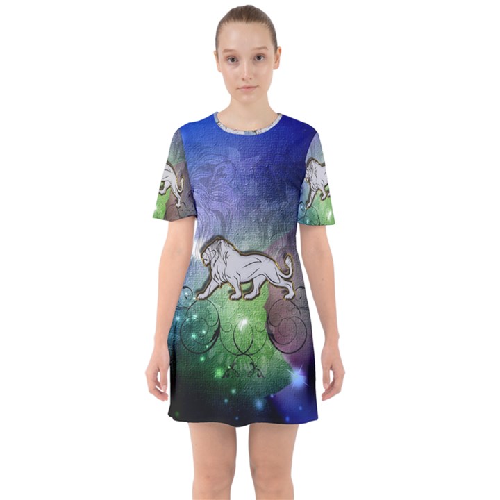 Wonderful Lion Silhouette On Dark Colorful Background Sixties Short Sleeve Mini Dress