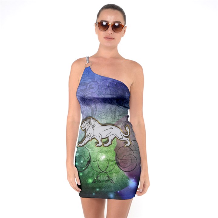 Wonderful Lion Silhouette On Dark Colorful Background One Soulder Bodycon Dress