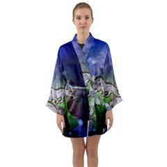 Wonderful Lion Silhouette On Dark Colorful Background Long Sleeve Kimono Robe