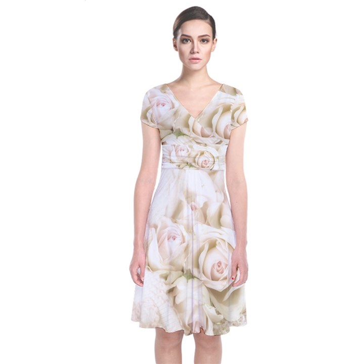 Pastel Roses Antique Vintage Short Sleeve Front Wrap Dress