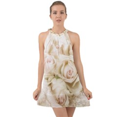 Pastel Roses Antique Vintage Halter Tie Back Chiffon Dress