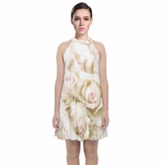 Pastel Roses Antique Vintage Velvet Halter Neckline Dress 