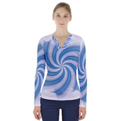 Prismatic Hole Blue V-neck Long Sleeve Top