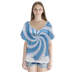 Prismatic Hole Blue V-neck Flutter Sleeve Top