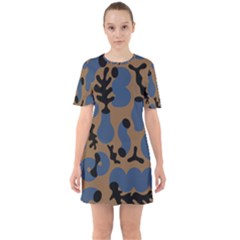 Superfiction Object Blue Black Brown Pattern Sixties Short Sleeve Mini Dress