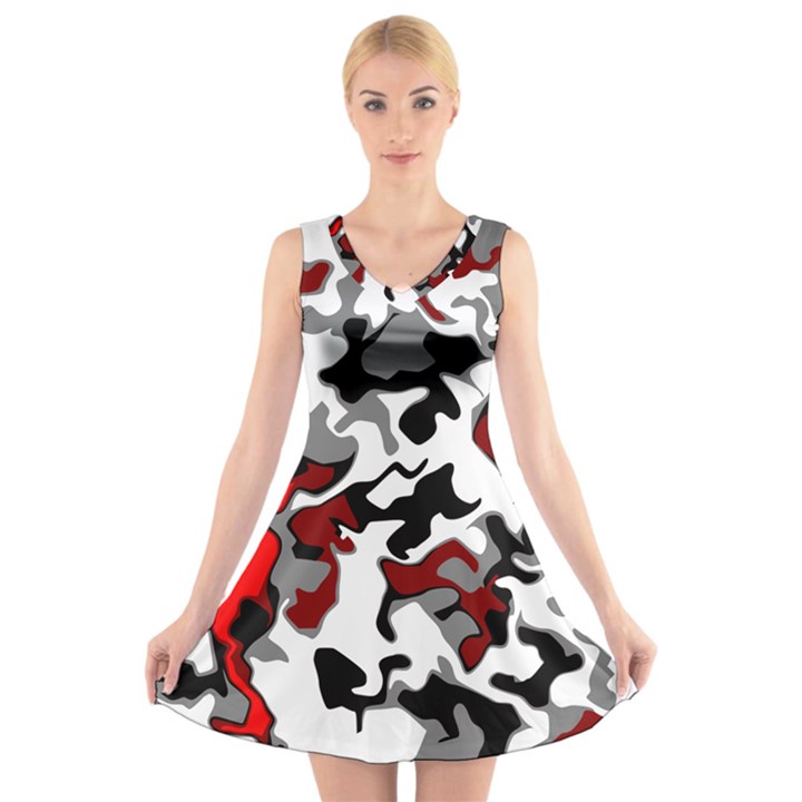 Vector Red Black White Camo Advance V-Neck Sleeveless Skater Dress