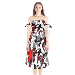 Vector Red Black White Camo Advance Shoulder Tie Bardot Midi Dress