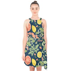 Summer Fruite Orange Lemmon Tomato Halter Collar Waist Tie Chiffon Dress