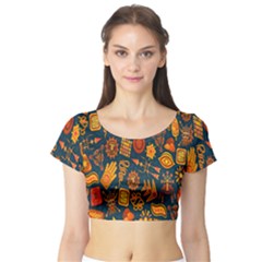 Tribal Ethnic Blue Gold Culture Short Sleeve Crop Top by Mariart