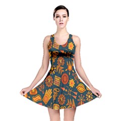 Tribal Ethnic Blue Gold Culture Reversible Skater Dress