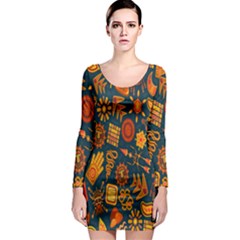 Tribal Ethnic Blue Gold Culture Long Sleeve Bodycon Dress