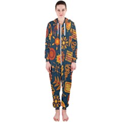 Tribal Ethnic Blue Gold Culture Hooded Jumpsuit (ladies) 