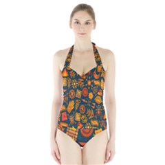 Tribal Ethnic Blue Gold Culture Halter Swimsuit