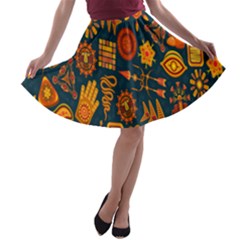 Tribal Ethnic Blue Gold Culture A-line Skater Skirt