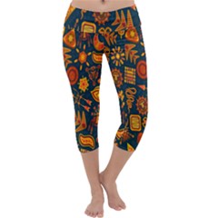 Tribal Ethnic Blue Gold Culture Capri Yoga Leggings