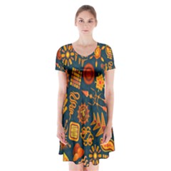 Tribal Ethnic Blue Gold Culture Short Sleeve V-neck Flare Dress by Mariart