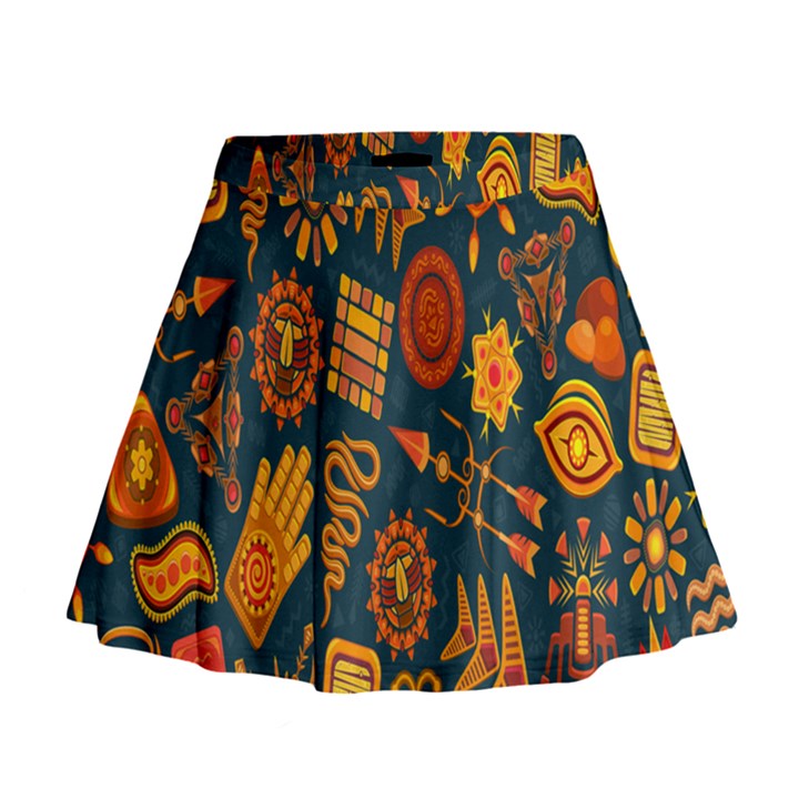 Tribal Ethnic Blue Gold Culture Mini Flare Skirt