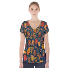 Tribal Ethnic Blue Gold Culture Short Sleeve Front Detail Top