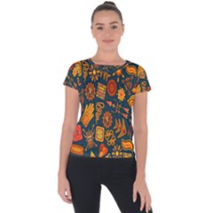 Tribal Ethnic Blue Gold Culture Short Sleeve Sports Top 