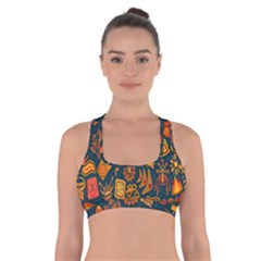 Tribal Ethnic Blue Gold Culture Cross Back Sports Bra