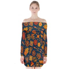 Tribal Ethnic Blue Gold Culture Long Sleeve Off Shoulder Dress by Mariart