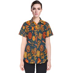 Tribal Ethnic Blue Gold Culture Women s Short Sleeve Shirt