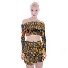 Tribal Ethnic Blue Gold Culture Off Shoulder Top With Mini Skirt Set