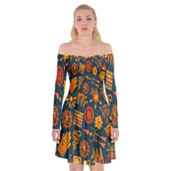 Tribal Ethnic Blue Gold Culture Off Shoulder Skater Dress