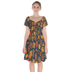 Tribal Ethnic Blue Gold Culture Short Sleeve Bardot Dress