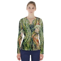 Chung Chao Yi Automatic Drawing V-neck Long Sleeve Top by Celenk