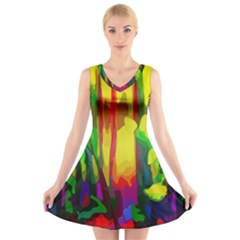 Abstract Vibrant Colour Botany V-neck Sleeveless Skater Dress by Celenk