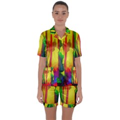 Abstract Vibrant Colour Botany Satin Short Sleeve Pyjamas Set