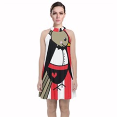 Bird Cute Design Cartoon Drawing Velvet Halter Neckline Dress 