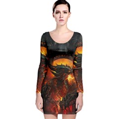 Dragon Legend Art Fire Digital Fantasy Long Sleeve Velvet Bodycon Dress by Celenk