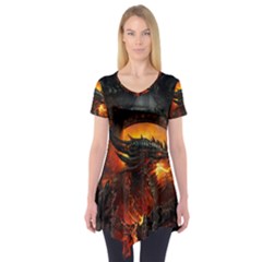 Dragon Legend Art Fire Digital Fantasy Short Sleeve Tunic  by Celenk