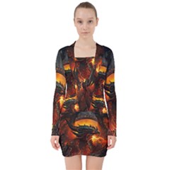 Dragon Legend Art Fire Digital Fantasy V-neck Bodycon Long Sleeve Dress