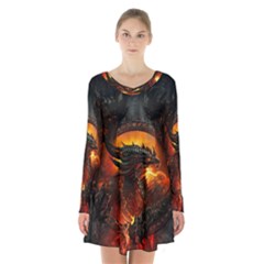 Dragon Legend Art Fire Digital Fantasy Long Sleeve Velvet V-neck Dress by Celenk