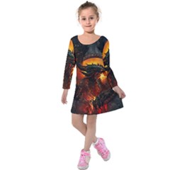 Dragon Legend Art Fire Digital Fantasy Kids  Long Sleeve Velvet Dress by Celenk