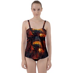 Dragon Legend Art Fire Digital Fantasy Twist Front Tankini Set