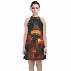 Dragon Legend Art Fire Digital Fantasy Velvet Halter Neckline Dress  by Celenk