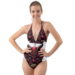 Krampus Devil Face Halter Cut-out One Piece Swimsuit