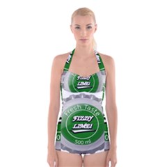 Fresh Taste Fizzy Lime Bottle Cap Boyleg Halter Swimsuit  by Celenk