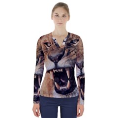 Male Lion Angry V-neck Long Sleeve Top by Celenk