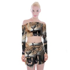 Male Lion Angry Off Shoulder Top With Mini Skirt Set by Celenk