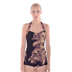 Angry Male Lion Gold Boyleg Halter Swimsuit  by Celenk